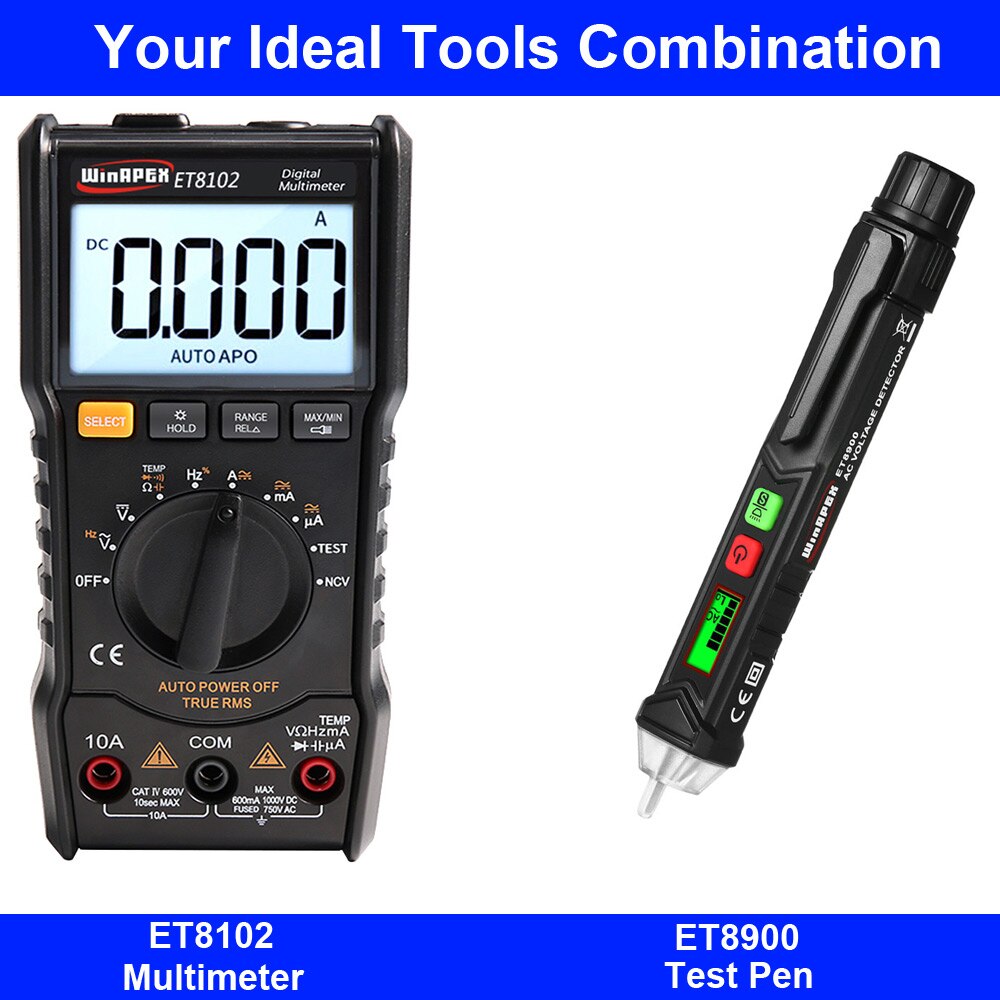 WinAPEX ET8101 Digital Multimeter 6000 Counts NCV Auto Range AC/DC Voltage Meter Temperature Tester Back light: ET8102 ET8900