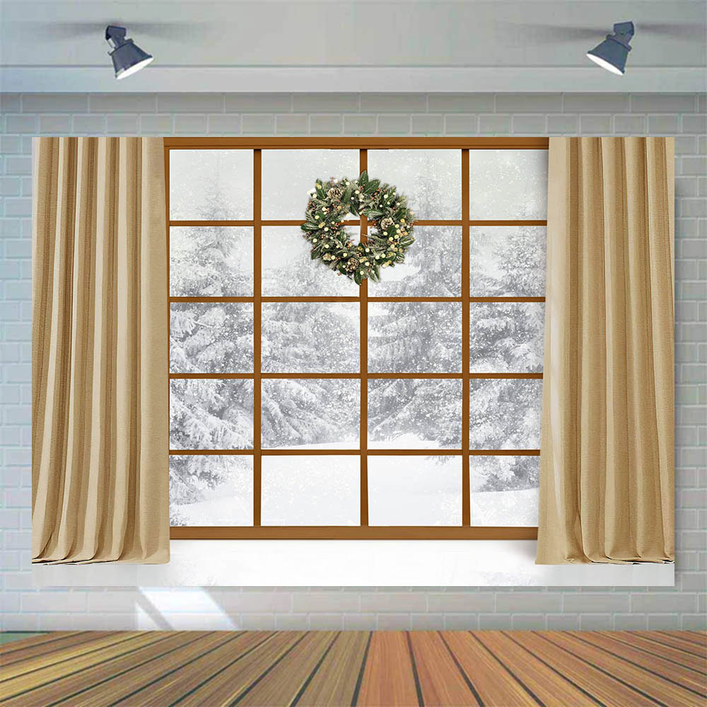 Mocsicka cortina de janela de madeira guirlanda de natal foto fundo inverno floresta nevada interior família retrato sessão de fotos pano de fundo
