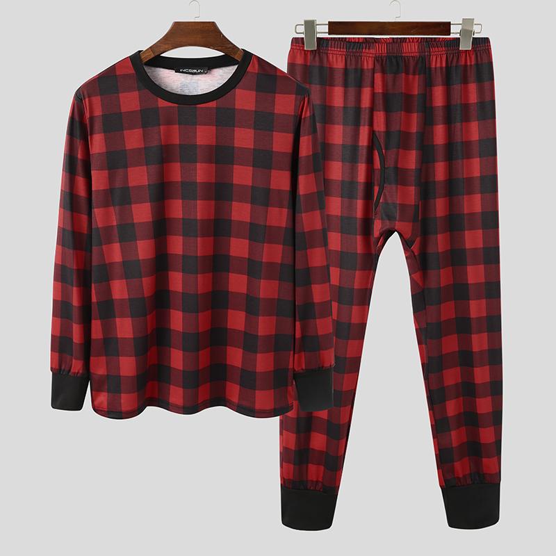 Men Plaid Pajamas Sets Homewear Long Sleeve O Neck Sleepwear Leisure Sleep Pants 2 Pieces Comfortable Men Nightwear Sets INCERUN: Red / M