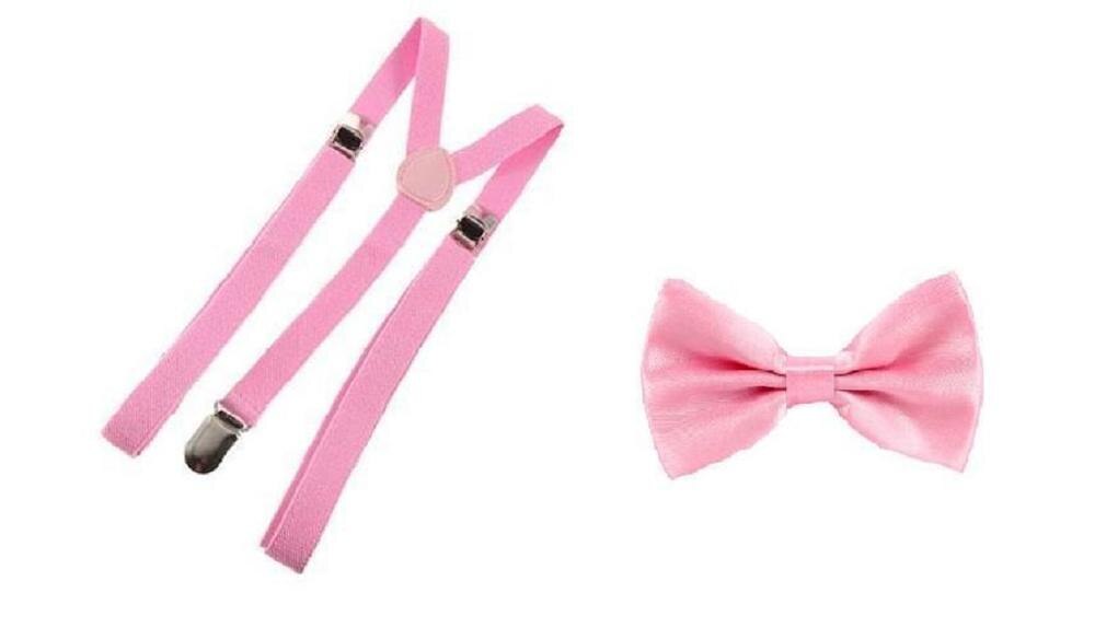 Men's Adult Matching Suspenders Braces & Pre-Tied Bow Tie Combo Sets Fancy Costume: pink