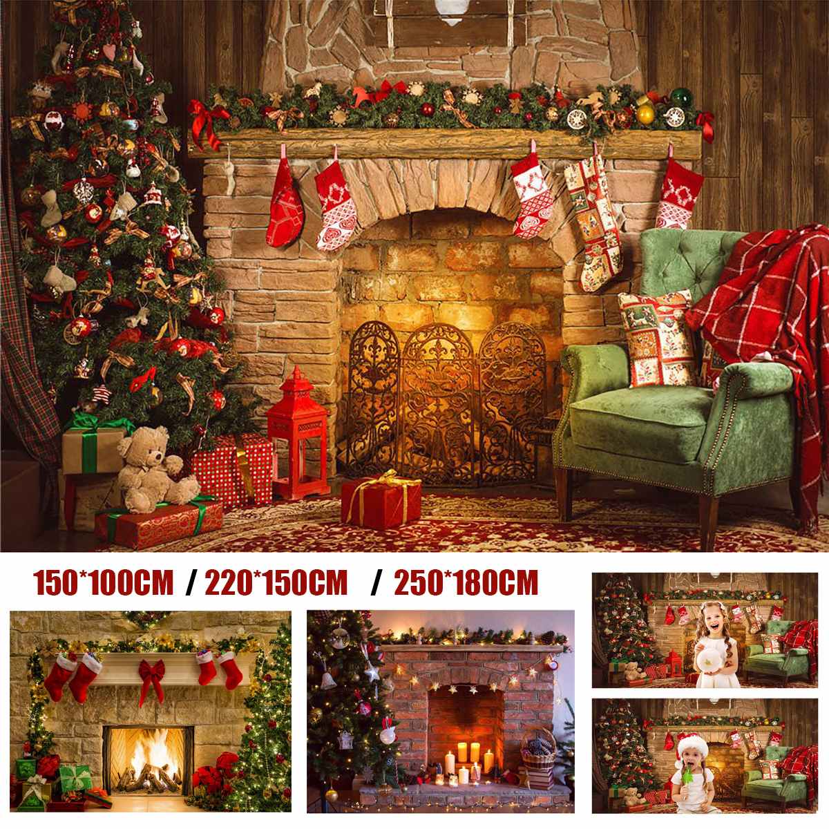 Boże narodzenie tło kominek drzewo zima okno pokój wnętrze urodziny dziecka fotografia tło dla zdjęcie studio Photophone