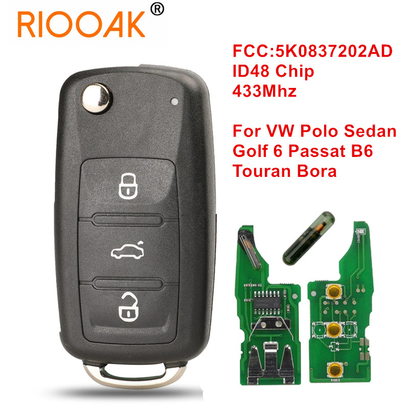 1/2/3/5 Uds 433MHz ID48 Chip Flip llave remota 5K 0837202 AD para VW Polo Sedan Golf 6 Passat B6 Volkswagen Touran Bora
