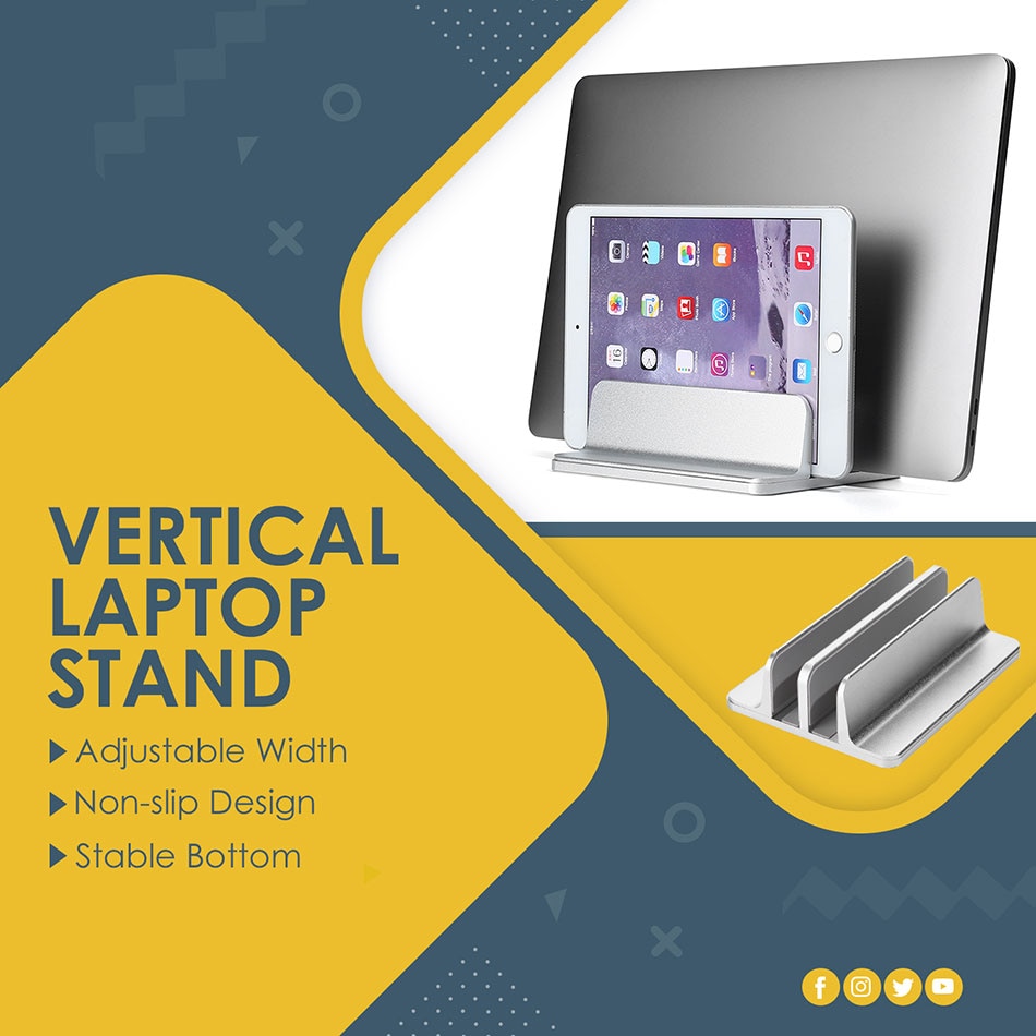 ET Double Desktop Stand Holder for MacBook Thinkpad iPad Aluminum Desk Mounted Vertical Laptop Tablet Stand with Adjustable Dock