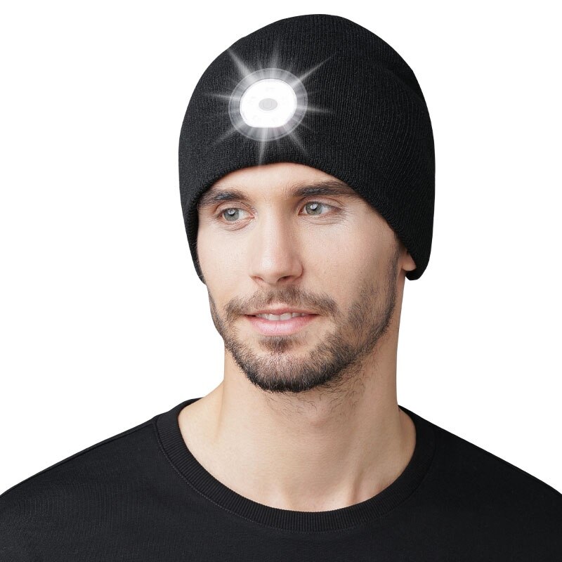 Unisex winter warm knitted hat with led flashlight, hiking led light beanie cap, usb rechargeable hands-free, 5 led spotlight cap