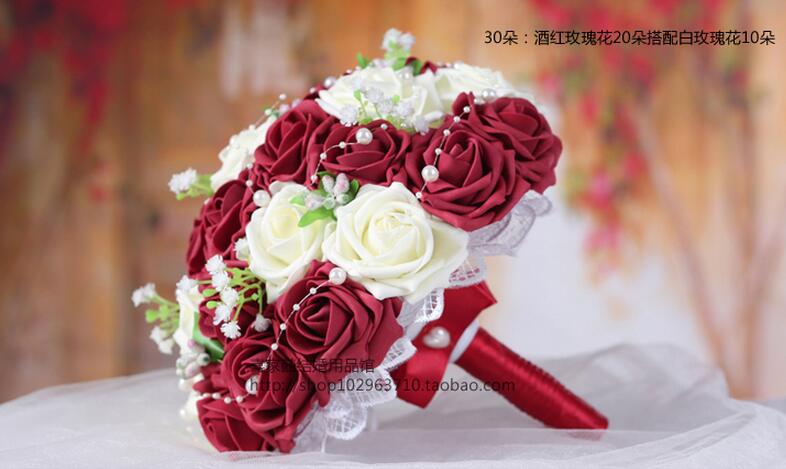 Bouquet de mariage magnifique avec des roses et des perles, blanc, Rose, violet, corail, rouge, bordeaux, pour demoiselle d&#39;honneur: Burgundy