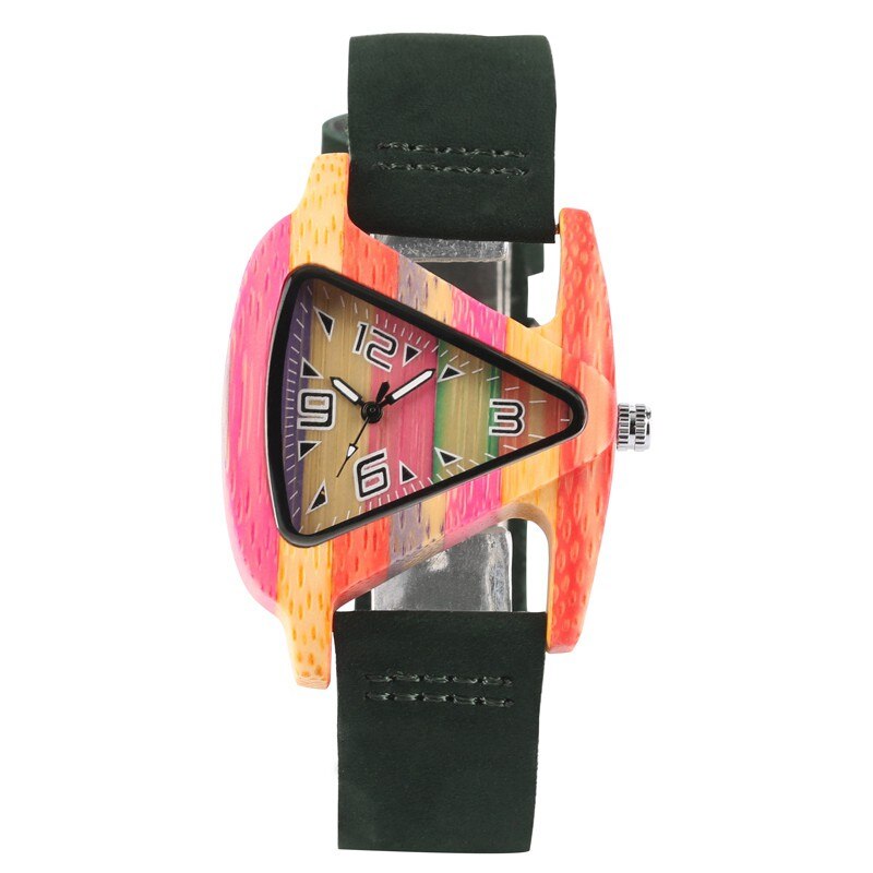 Unikt farverigt træur trekantet urskive ur ur kvinder kvarts læderarmbåndsur kvinders håndled reloj mujer: 3