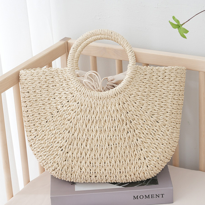 Sac d'été en paille demi-lune pour femmes, sac à main Portable fait à la main, sac de plage de grande capacité, panier tissé à poignée supérieure, fourre-tout