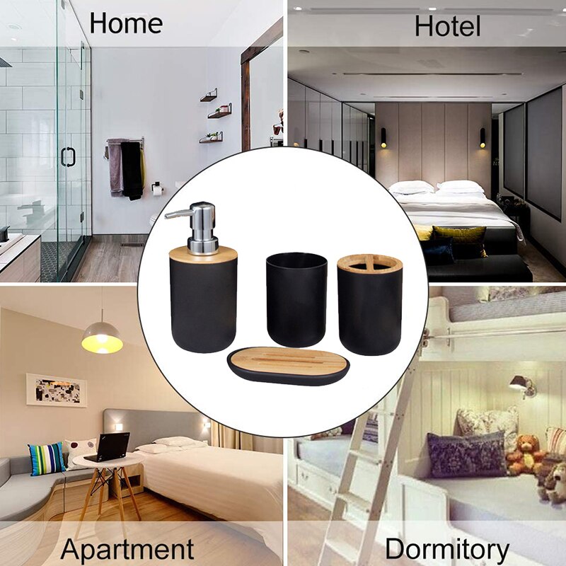 4 Stuks Bamboe Badkamers Set Tandenborstelhouder Zeepdispenser Zeepbakje Container Badkamer Accessoires