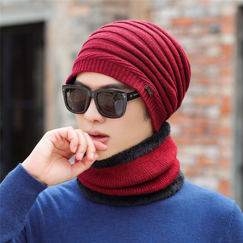 Herfst Winter Mannelijke Hoeden Sets Warm Gebreide Wollen Mutsen Sjaals Pak Jongen Cap Hals Kraag Dikke Pluche Mannen Hoed Sjaal 2 stuks Set: hat scarf wine