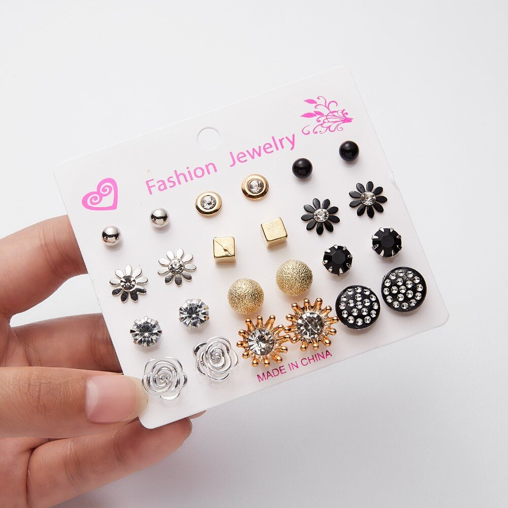 12pairs/set Crystal Bead Stud Earrings Set For Women Geometric Flower Bowknot Pearl Earring Statement Party Jewelry