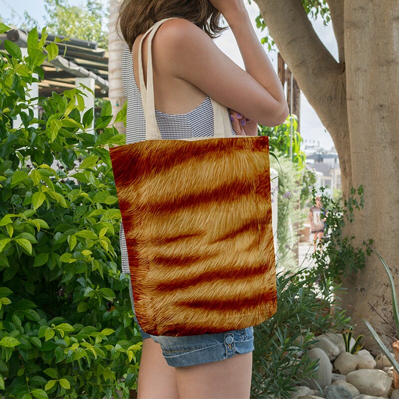 Animal Skin Canvas Bag Leopard Print Tiger Cat Skin Handbag Foldable Large Capacity Shoulder Bag Grocery Storage Bag
