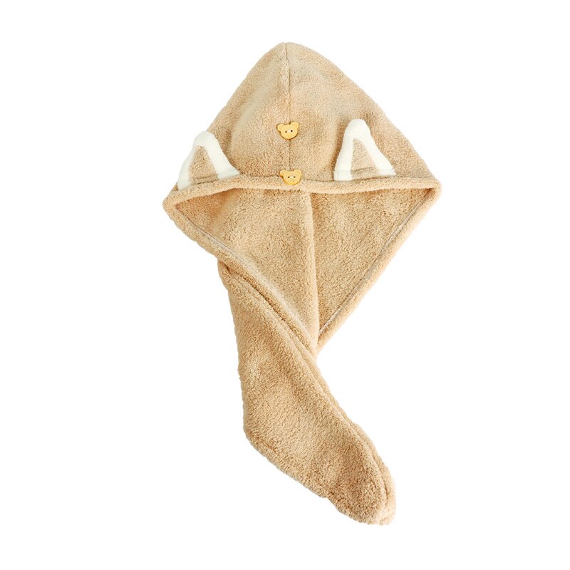 Quick Dry Hair Towels Women And Child Cute Cat Ear Super Absorption Thicker Microfiber Turban Towels With Bear Buttons: Adult Brown