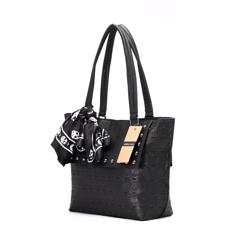 Women Handbags Pu Leather Tote Bags Large Capacity Skull Embossed Shoulder Bag Punk Style Cool Ladies OL Bag