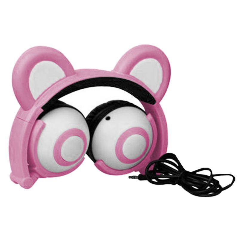 Cute Bear Ears Headset Adjustable Head-mounted LED Light Headphones Foldable Rechargeable Music Boys Girls Earphones: Pink