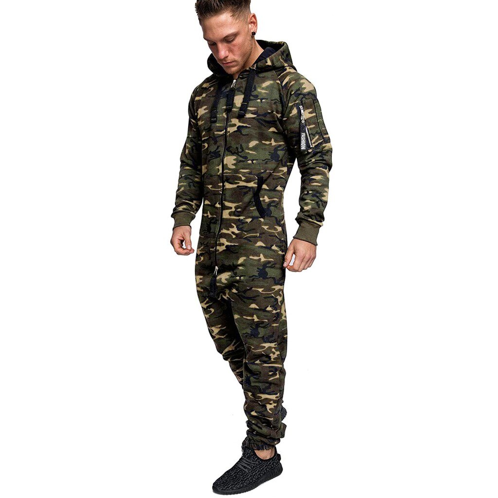 Los hombres camuflaje monos de Pijama de manga larga con capucha Casual Pijama de Hombre Ropa de otoño e invierno chándal pantalones Pijama Hombre: Army Green / XXXL