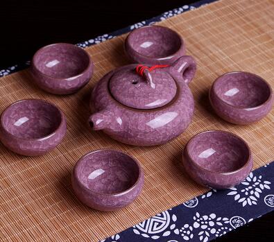Chinese Kungfu Tea Sets Ice break Porcelain Tea Pot Tea Cups (7pcs) Tea Service Set: Purple