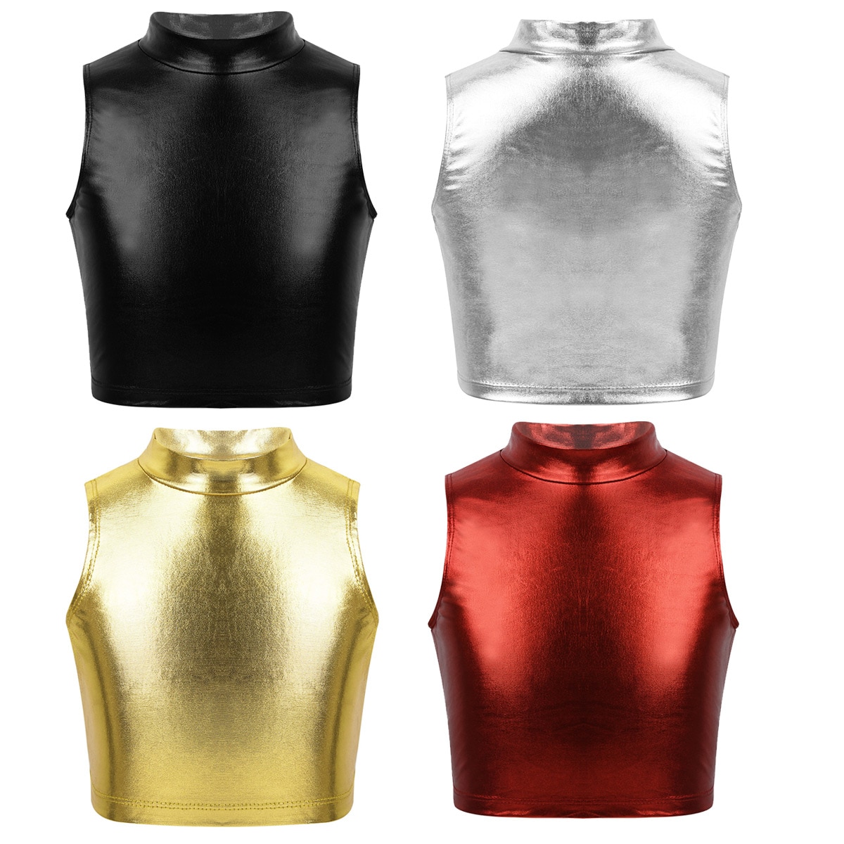 Barn tonåringar ärmlös turtleneck metallisk balett gymnastik crop tops barn flickor jazz performance dans klädsel kostym