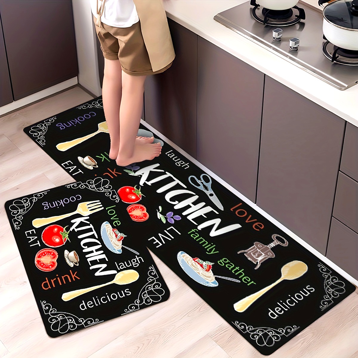 Tapete de cozinha moderno antiderrapante com letras impressas digitalmente vibrantes tapete antiderrapante para cozinha moderna decoração de casa tapete