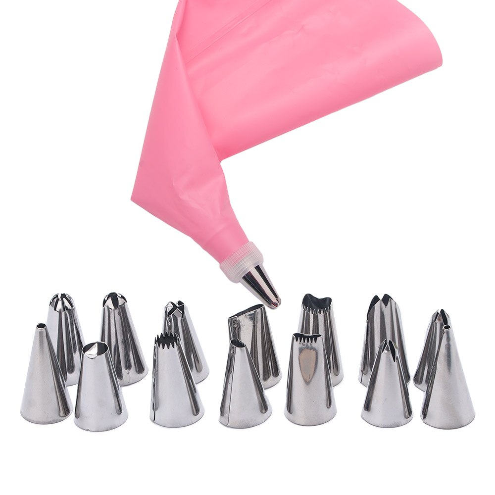 16 uds/Set de manga pastelera de silicona para glaseado bolsa de crema pastelera + 14 Uds boquilla de acero inoxidable adaptador de boquillas de manga pastelera DIY herramientas de decoración de pasteles