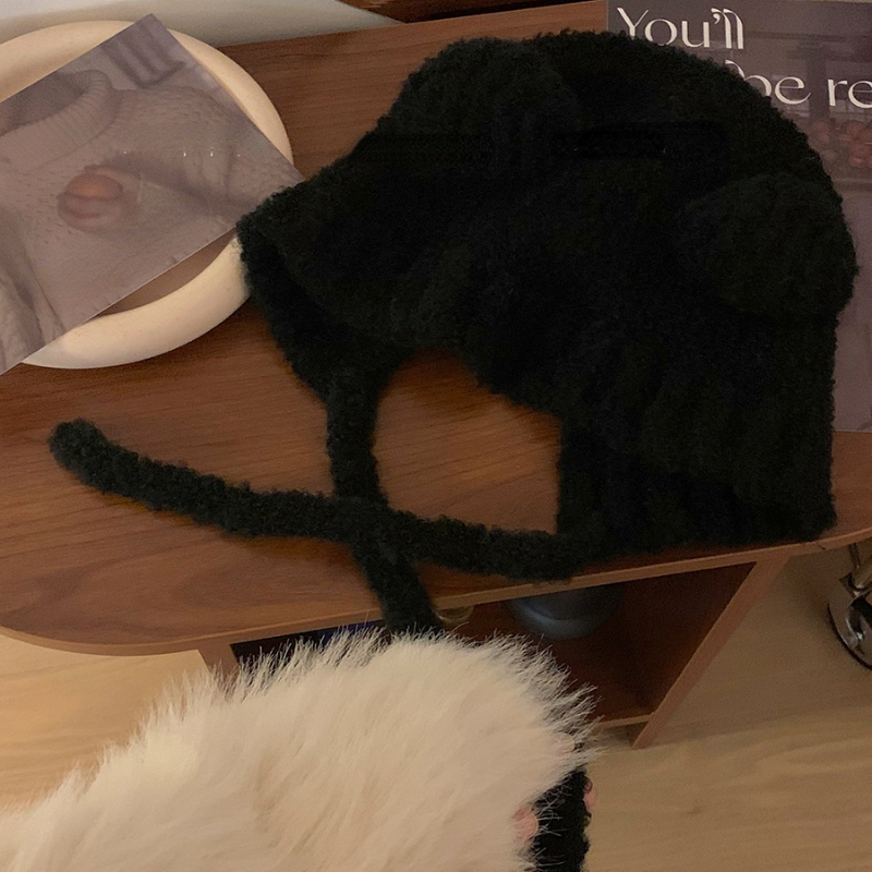 Japanse Kawaii Vrouwen Hoeden Schattige Beer Oren Pluche Mutsen Herfst En Winter Warm Gehoorbescherming Gebreide Touw Bommenwerper Hoed: Black