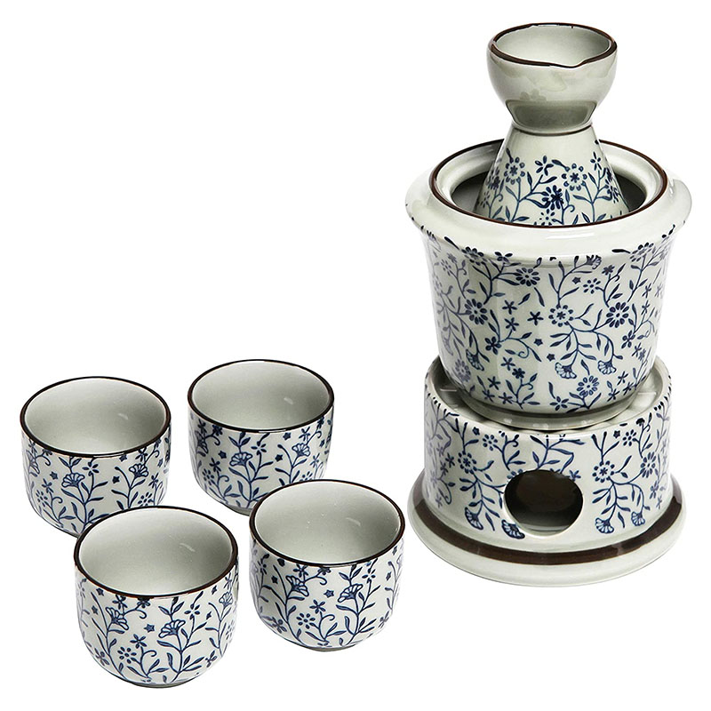 7 Stuk Blue Floral Witte Keramische Japanse Sake Set Met Warmer, 4 Cups, karaf &amp; Verwarming Pot: style 2