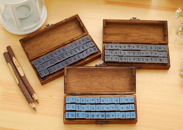 42PCS/set Handwriting Alphabet letter Wooden Stamp Set Retro Vintage Craft Rubber Stamp Set Wooden Box