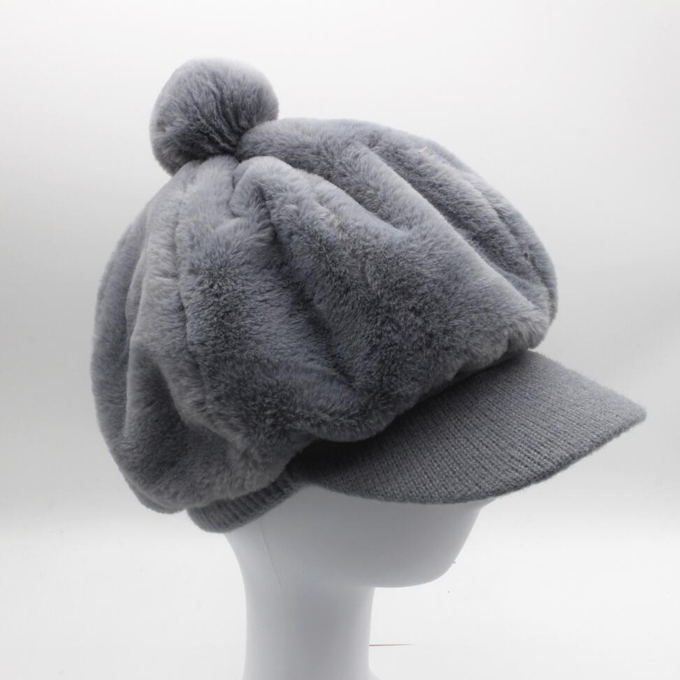 Gorro de punto para niña y niño, boina rosa, octogonal, liso, Newsboy, sombrero para mujer de piel sintética, sombrero de panadero con pompón: Grey