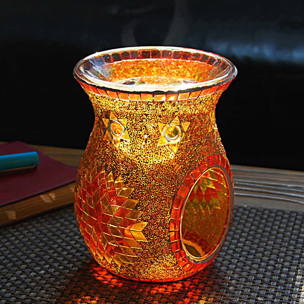 Mosaic Glass Oil Burner Candle Holders, Tea Night Light Holders Handmade Artwork for Home Decor Party Decorations: Orange