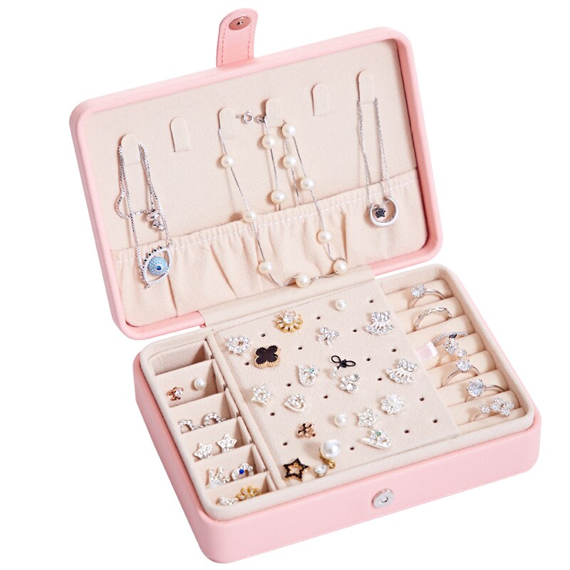 Jewelry Box Portable Multi Function PU Leather Fresh and Simple Earrings Ring Jewellry Storage Necklace Case: Pink no Mirror