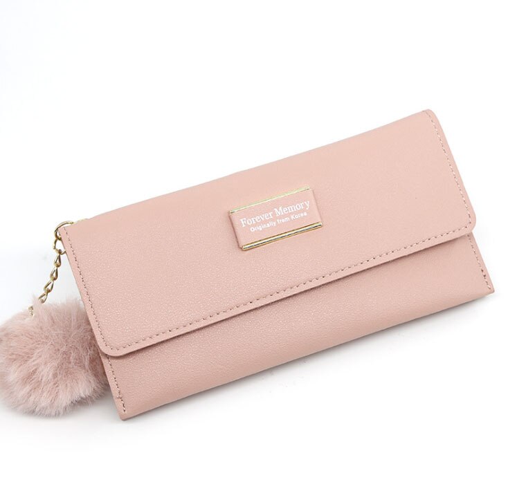 femmes sac à billes gland portefeuille en cuir synthétique polyuréthane Furry boule pendentif mi-long portefeuille couleur bonbon Style européen et américain portefeuille: Rose