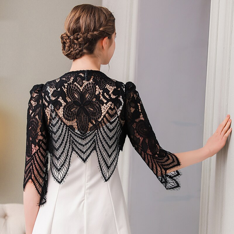 Halbe Hülse Burgund Schwarz Weiß Braut Jacke wickelt Tücher Spitze Hochzeit Jacke Frauen Bolero Abend Party Kleid Umhänge Jacke
