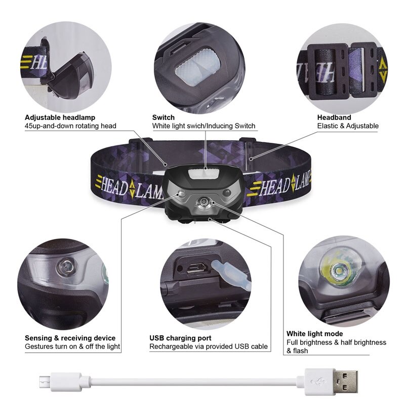 -Mini Rechargeable LED Headlamp Body Motion Sensor Headlight Camping Flashlight Head Light Torch Lamp with USB Fishing Spor