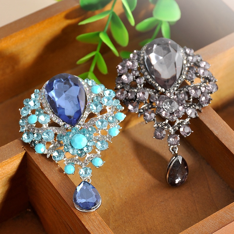 Women Men Brooch Wedding Bridal Bouquet Clear Crystal Diamante Rhinestone Teardrop Dangle Brooch Pin
