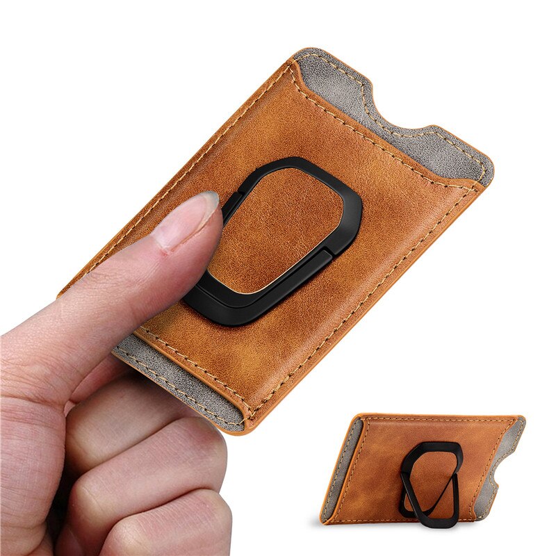 Mobiele Telefoon Terug Kaarten Houder Credit Id-kaart Pocket Sticker Magnetische Wallet Stand Phone Bag: Brown