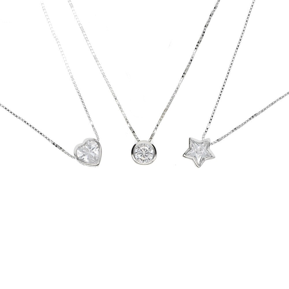 Single Stone Solitaire Cz Cubic Zirconia Delicate Dainty Box Chain 925 Sterling Silver Bezel Heart Single Stone Star Necklace