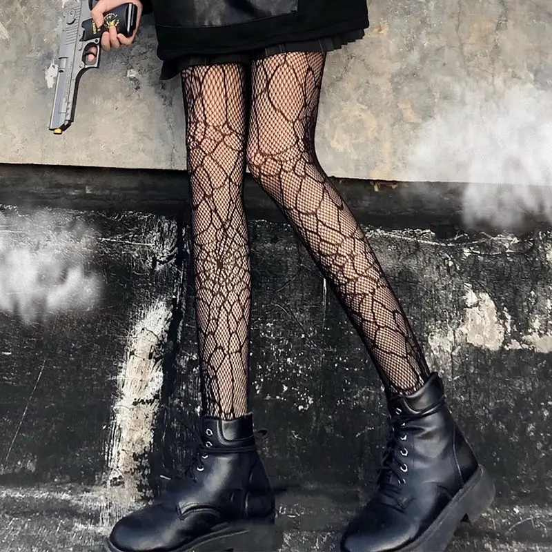Lolita Ragazze Carino Pentacolo Stampa Collant Donne Sexy Gotico Punk Magico Stella a Cinque Punte Maglia Pesce Net Collant Calze per il Corpo: Grigio scuro