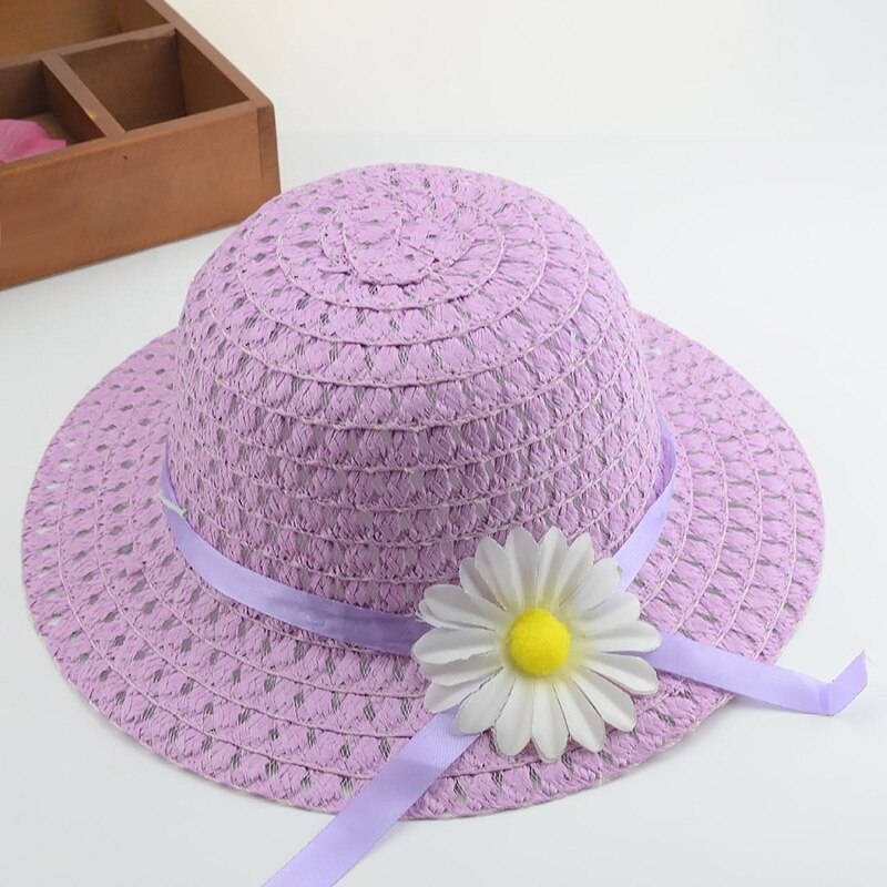 Straw Hat Summer Children Sun Flower Solid Color Lace Sun Hat Kids Sweet Bonnets Girl Beach Travel Hat Cap With Woven Basket