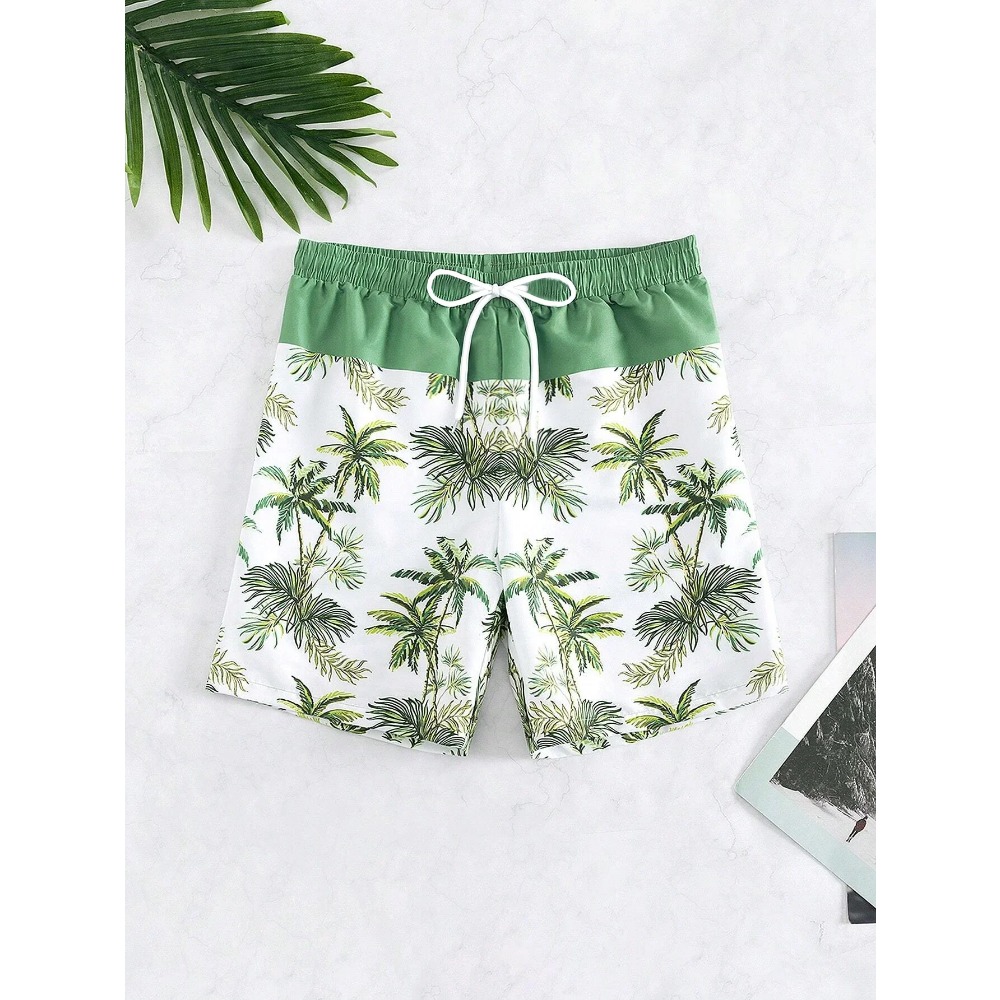 Calções de banho masculinos com estampa de coqueiro 3d, shorts de natação, verão, macio e respirável, poliéster, praia, surf