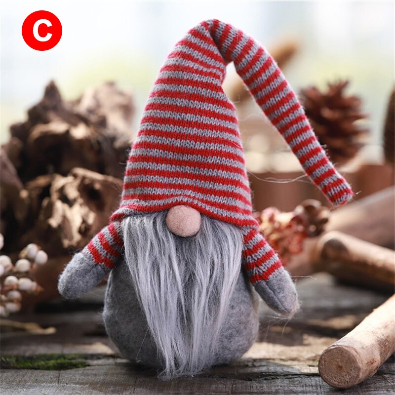 Sød ornament ansigtsløs dukke med langt skæg stribet hat julenissen ornament legetøj til festdekorationer: C