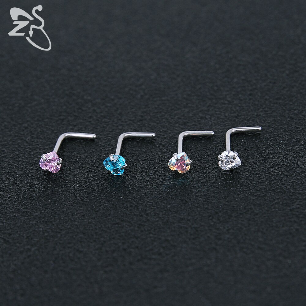 Zs piercing de nariz em aço inoxidável 3-12 porcelana, conjunto de pino redondo, estrela, coração, cristal cz, nariz, 3mm, forma de l, joia de piercing 20g