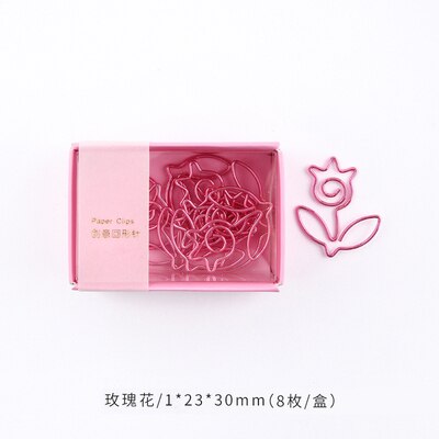 8pcs/box Cute Metal Paper Clips Flamingo Cactus Shaped Cartoon Binder Clip Kawaii Unicorn Planet Bookmark Memo Clips Stationery: 8pcs rose