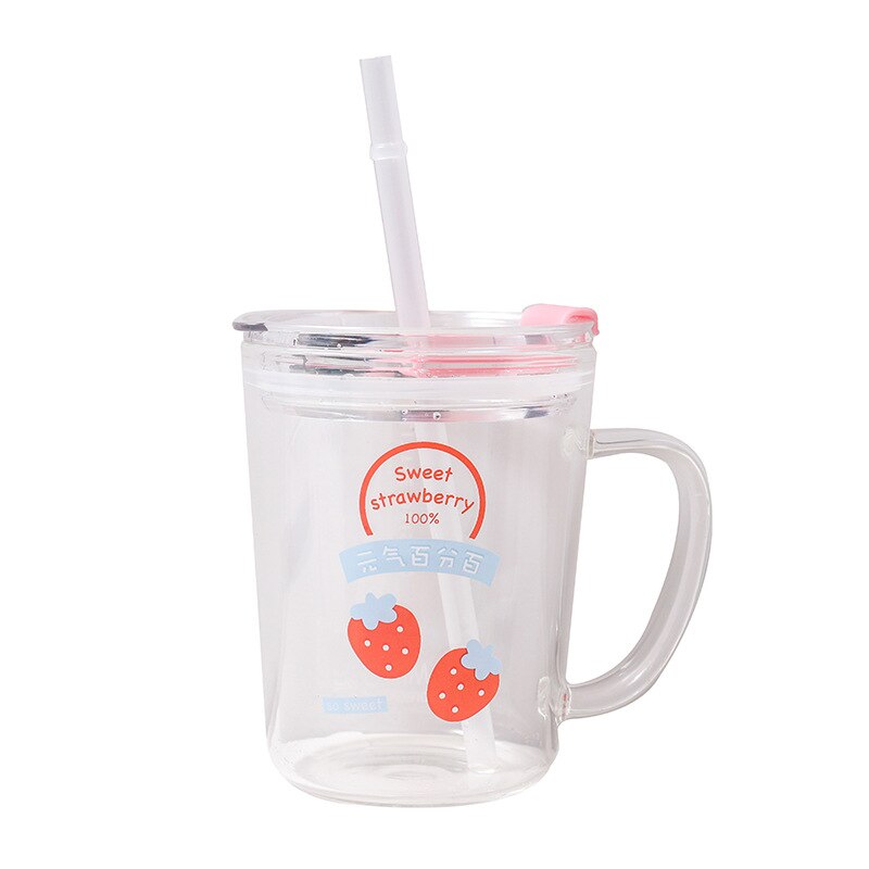 glass Vannkopp med Sugerør - Barne tegnefilm Stil med Lokk og Håndtak