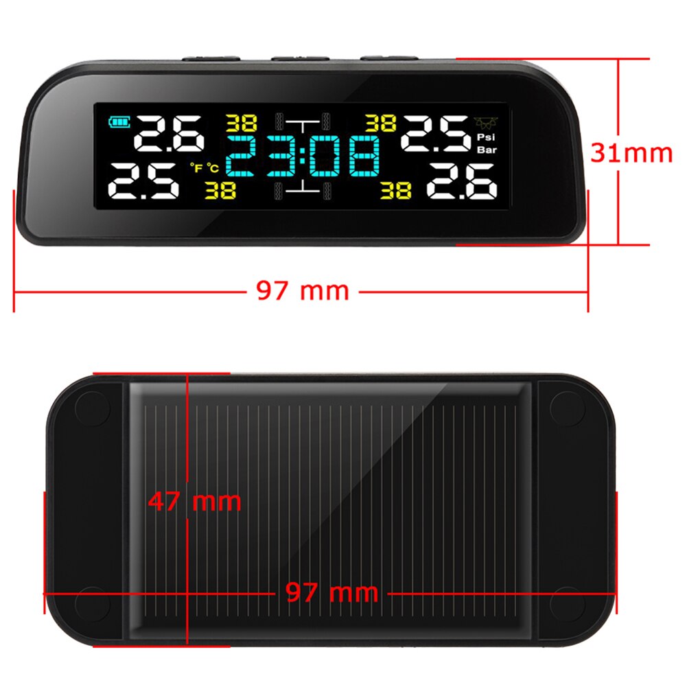 Solar Car TPMS Tire Pressure Monitoring System LCD Clock Time Display Auto Tyre Temperature Alarm With 4 Sensor