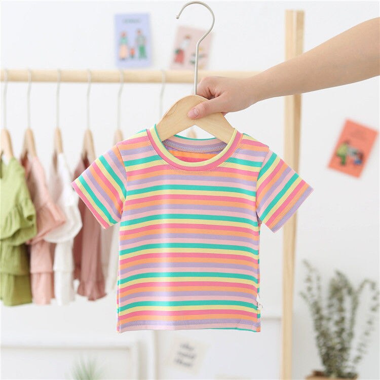 T-shirt da bambina 2022 Summer New Rainbow Stripe T-shirt per bambini Top coreano manica corta ragazza P6242: 2 / 5T