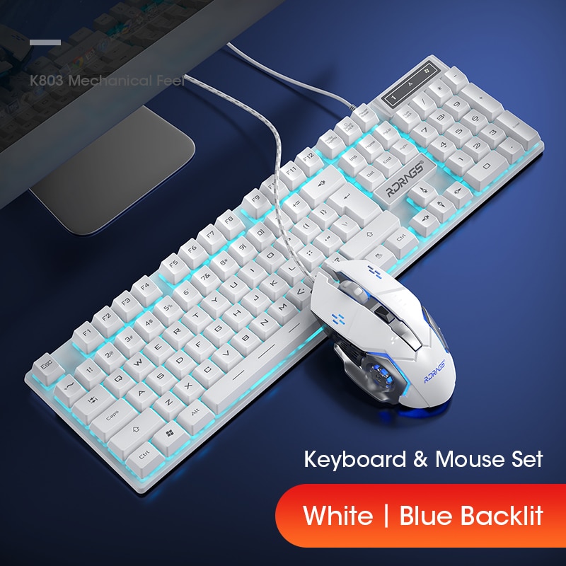 Wired Gaming Keyboard Mouse Gamer Kit PC Gamer Mechanical Feel Keyboards Rainbow Backlight Computer Backlit 104 Keys Keycaps Set: Blue Combo White