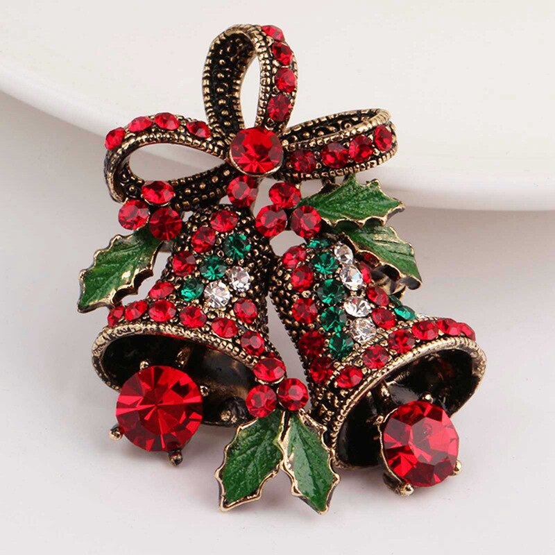 Rhinestone Crystal Strik Dubbele Klokken Broches Voor Kerst Ornamenten Pak Hijab Pins Creatieve