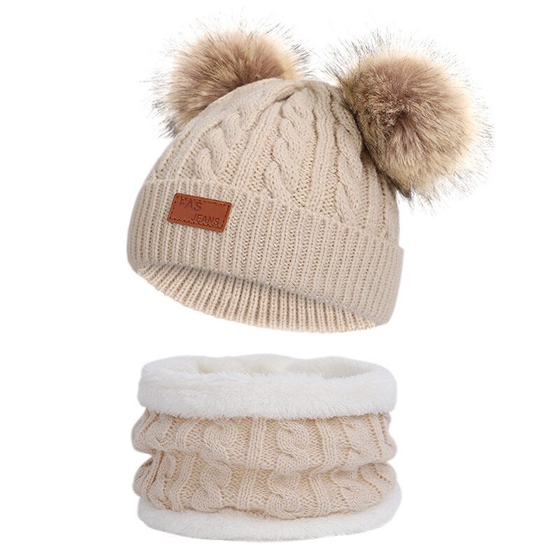 Los niños de invierno cálido sombrero Collar pompón guisantes sombrero de niño/Niña de punto sombrero de la bufanda de esquí cálido 2 conjunto de piezas gorro de cabeza: khaki