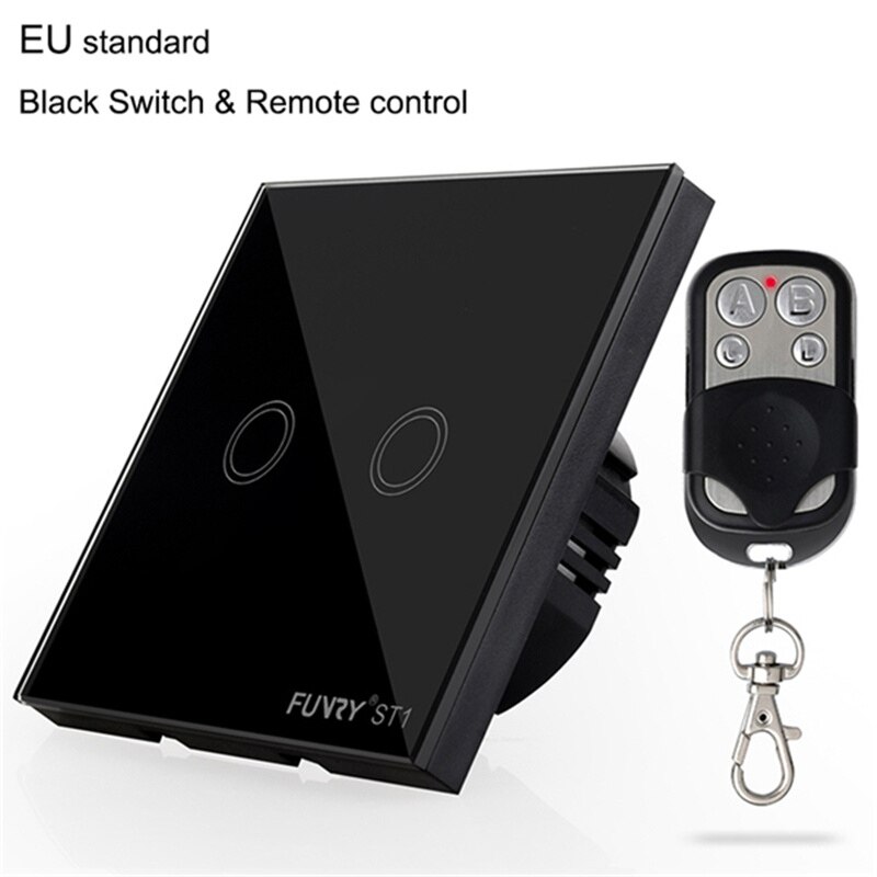 EU Wall Switch Touch Switch Sensor Switch ST1 2Gang Smart Remote Control Luxury Crystal Glass Panel Surface Waterproof RF 433MHz: black switch remote