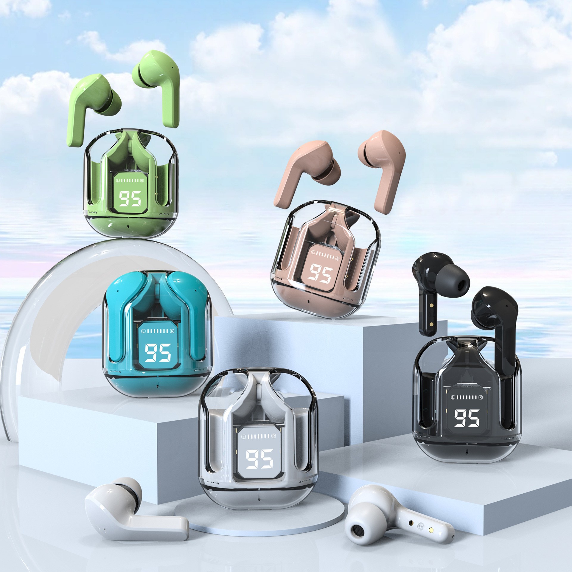 Original Wireless Bluetooth Earphone Transparent HIFI Headphones LED Power Digital Display Stereo Sound Earphones for Xiaomi