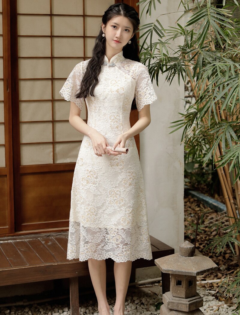 Kant Cheongsam Jong Zomer Meisje Elegante Gewijzigde Taille Lange Jurk: L